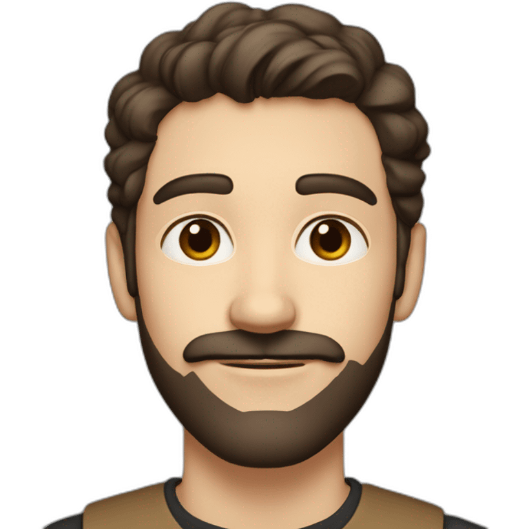 A young Caucasian man with dark brown eyes, almond-shaped eyes, short dark brown hair, and a small dark brown beard with a more prominent mustache. emoji