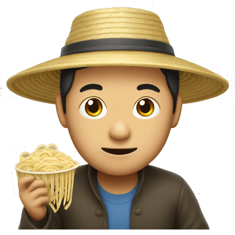 Chinese man wearing hat eating noodles emoji