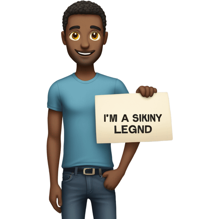 A man holding a sign saying im a skinny legend emoji