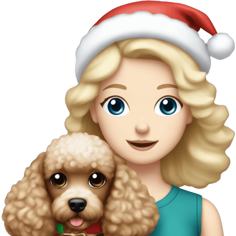 Pretty blue eyed white girl with blonde hair with a santa claus hat and holding a brown toy poodle emoji