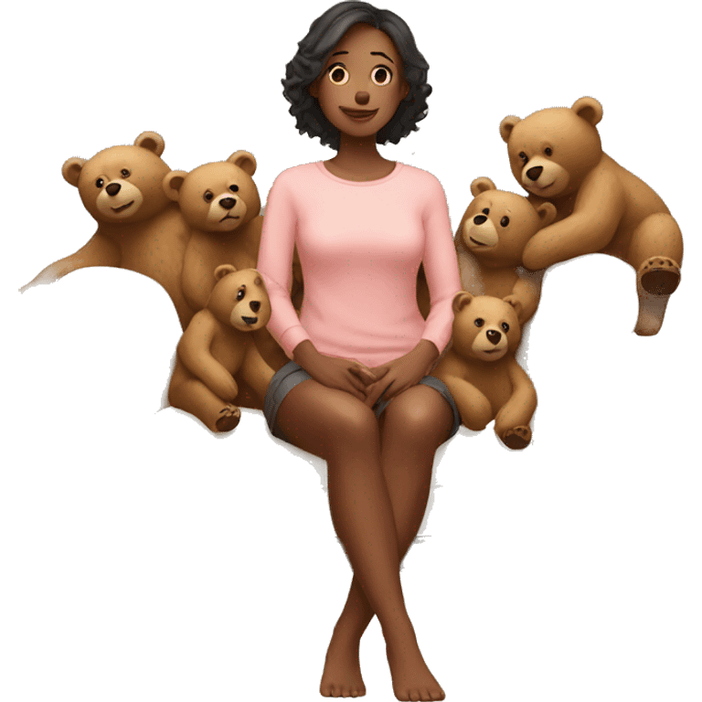 Woman sitting on a couch with many large bears  emoji