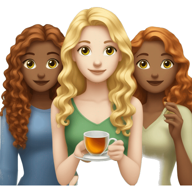 Three fair-skinned girls, a blonde with curly hair and gray eyes, a redhead with green eyes and long hair and a brown-haired woman with long hair and blue eyes are drinking tea emoji