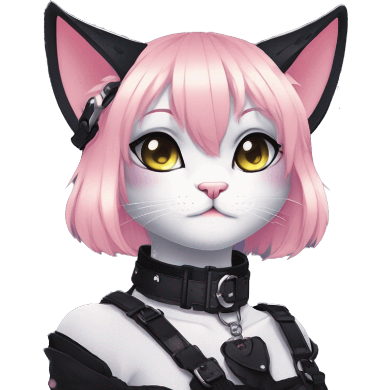 Gorgeous sparkly legendary gradient gothic dark techwear anime style anthro cat with blushing face aesthetic and pretty edgy black with collar and harness trending style emoji