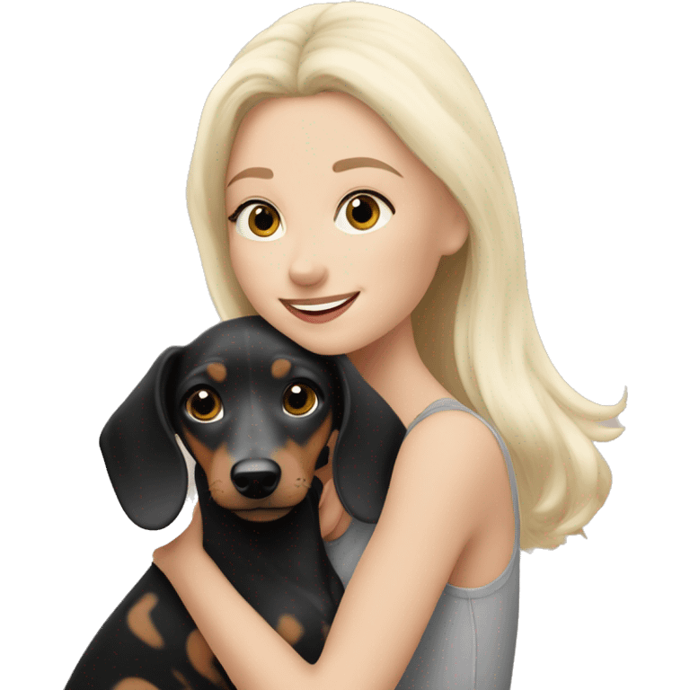 White blonde girl hugging black and grey spotted dachshund  emoji