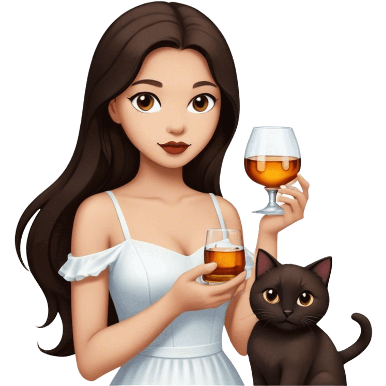 Beautiful woman in 1950’s woman fashion look, white dress, long dark brown hair, whisky with ice, black cat emoji