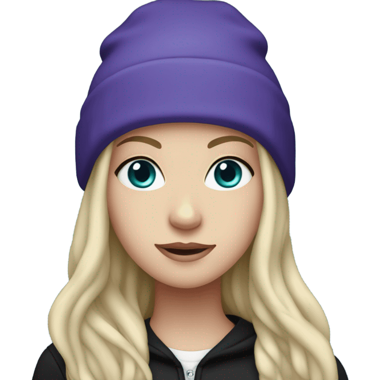 White girl, blue eyes, long teal hair, purple beanie hat, black hoodie, blue jeans, black shoes emoji