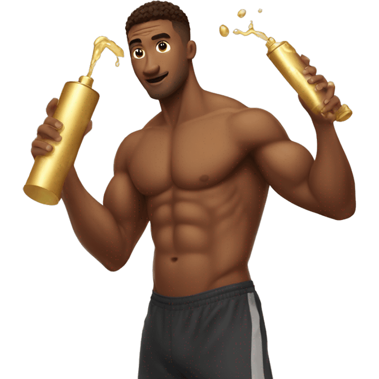 Shirtless gym bro spraying gold water  emoji