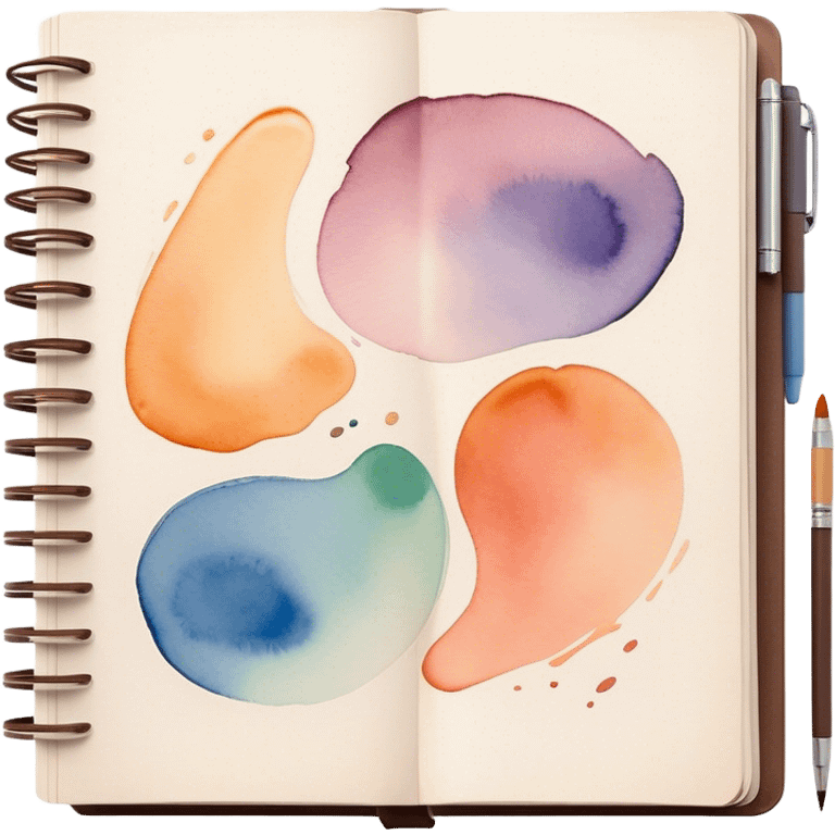 Cinematic Realistic image of an open sketchbook accompanied by a set of translucent watercolors, with delicate pigment stains and soft, flowing brushstrokes, captured under gentle, diffused lighting that highlights creative fluidity emoji