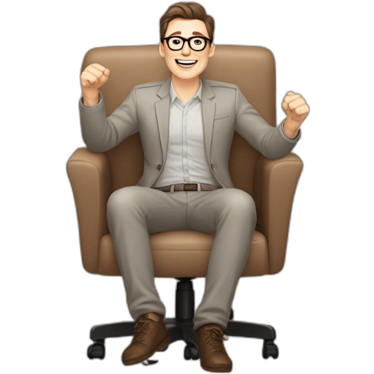 Joyful Celebrating victory Hands up Pale skinned Fit Man With dark brown hair in gray jacket, beige office shirt, Brown pants and vintage glasses sitting In a soft chair emoji