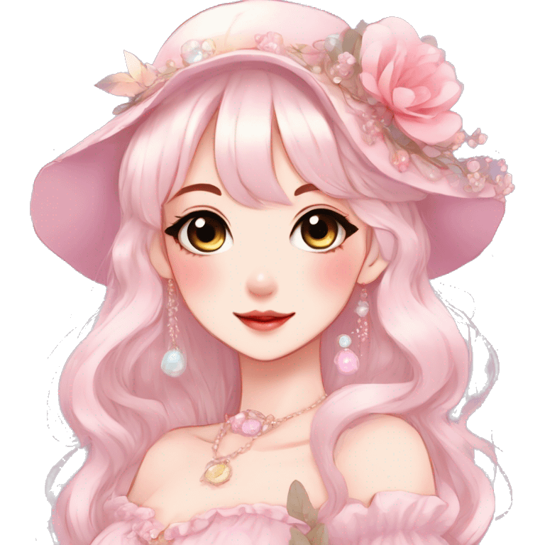 Gorgeous anime style lady with blushing face and accessories cottagecore fairycore Kawaii anime colorful pearly romantic aesthetic trending style emoji