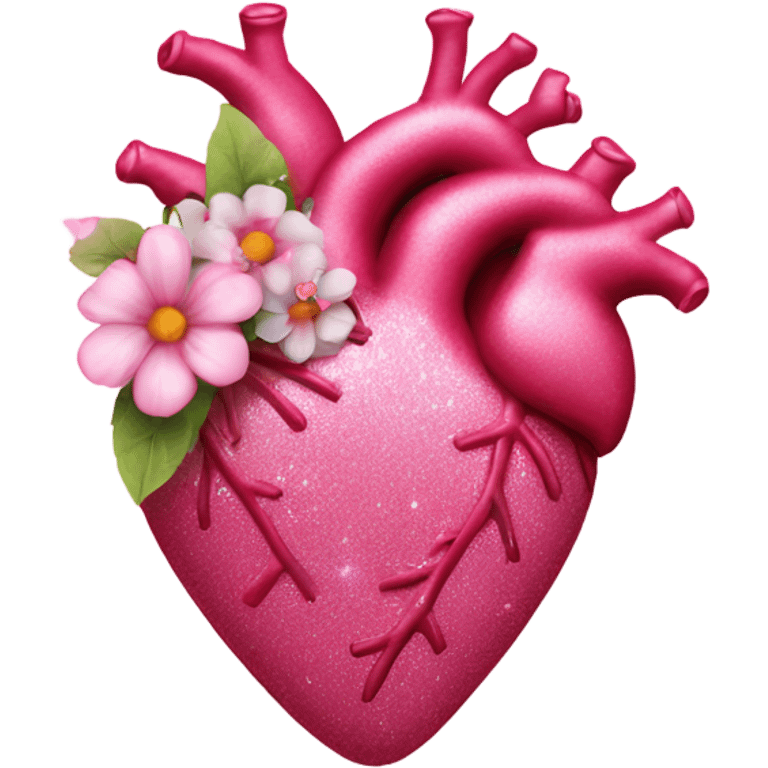 Pink realistic heart with flowers and glitter  emoji