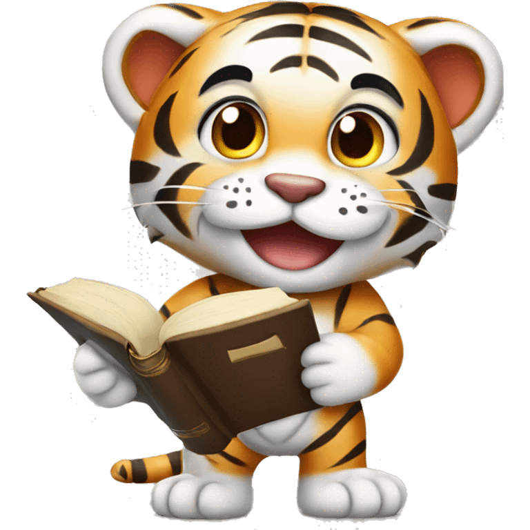 a cute tiger holding a book smiling and looking ready to study emoji