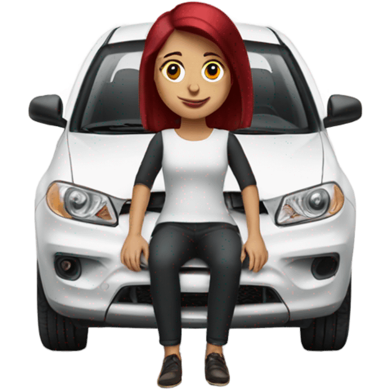 White car with a burgundy haired girl driving emoji