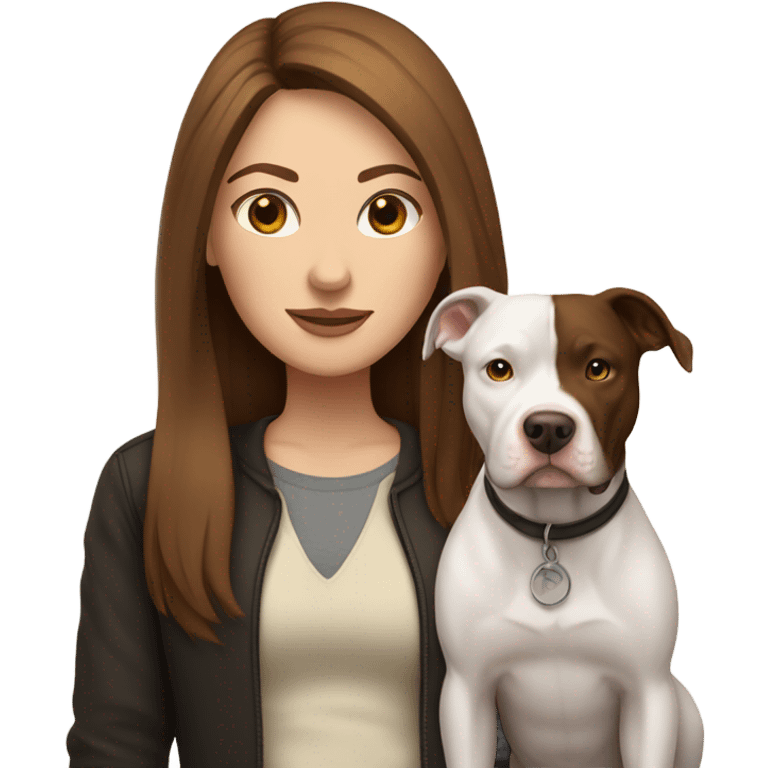 white woman with straight long brown hair standing alongside a white pitbull emoji