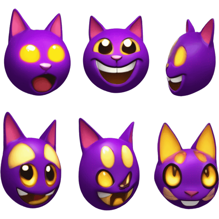 Gato morado terrorifico, sonrisa gigante boca abierta, ojos grandes y redondos color negro, con Colgante de luna menguante color amarillo, Smilling Critters, Roblox, Poppy playtime 3 emoji