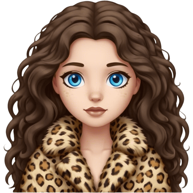 Brunette girl with long wavy hair and blue eyes in fluffy leopard fur coat  emoji