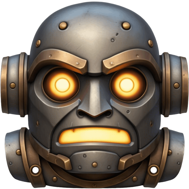 Cinematic Noble Mighty Iron Golem Portrait Emoji Poised and imposing, with a towering, metallic form forged from intricately detailed plates of burnished steel and ancient bronze, etched with faint traces of runes and weathered marks of time. Its piercing, glowing eyes radiate unwavering resolve, casting a solemn and commanding presence; rendered with lifelike texture and natural metallic highlights, high shine, elegant yet indomitable, styled with an aura of legendary endurance, focused and resolute, soft glowing outline, capturing the essence of an eternal guardian, standing vigilant and immovable as if ready to awaken at any moment with unstoppable might! emoji