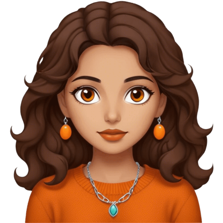 Iranian girl with warm tan skin, wearing an orange wool sweater. She has dark brown, shoulder-length wavy hair, one brown eye, and slightly full lips. She also wears a delicate necklace. emoji