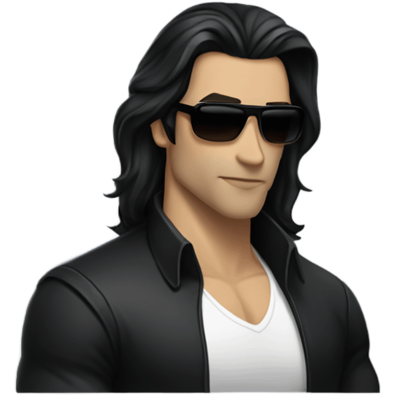 Man with long black hair, masculine face, fine lips, black sunglasses, lather jacket, underneath black t-shirt, muscles, vampire  emoji