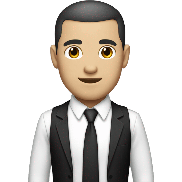 White man with dark hair buzzcut, wearing black suit and tie with white dress shirt  emoji