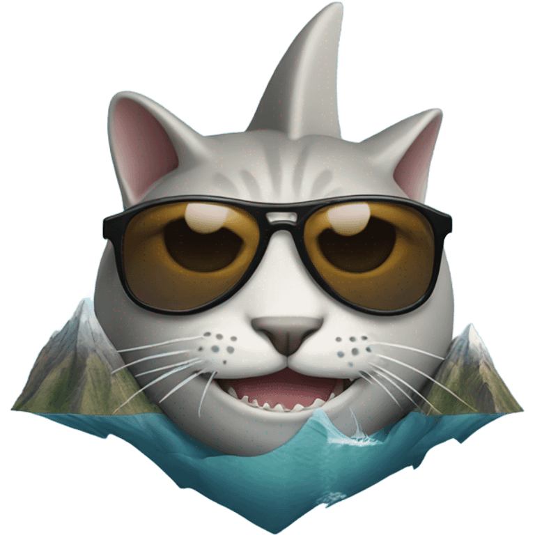 Cat with sunglasses on top of a mountain shaped like a shark emoji