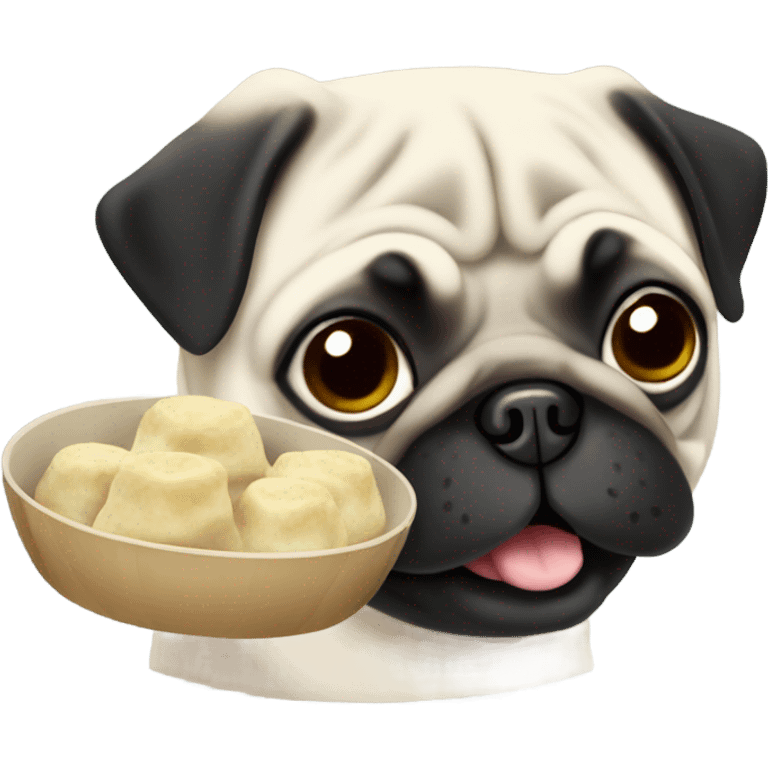 Black pug eating Chinese food dumplings  emoji