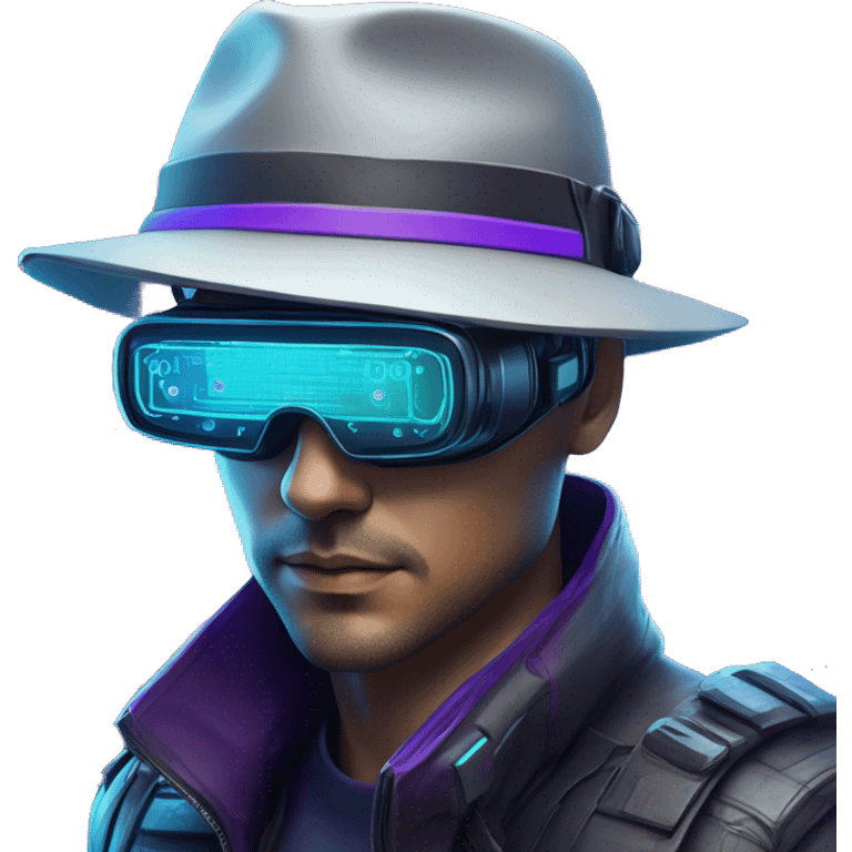 Secret human agent in a hat with  cyberpunk elements in VR googles scanning looking reviewing multicolor lines of code, cyan and purple colors, only upper body portrait emoji