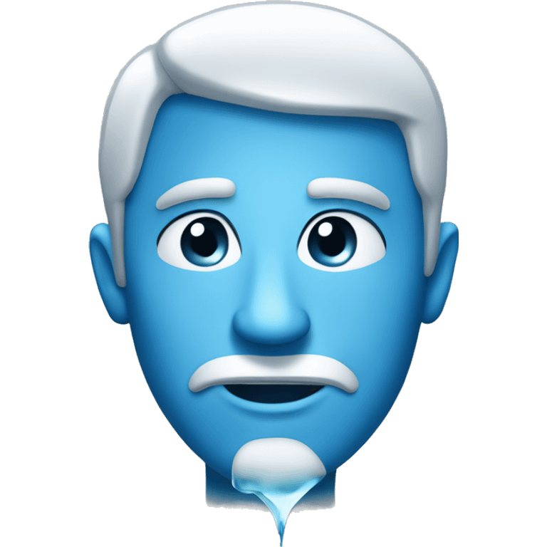 Generate a picture: In the style of an iOS emoji face , A blue face with ice on it, looking to the side deviously, with a small smirk smile, no nose, plain background emoji