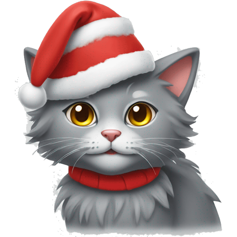 Fluffy gray cat with Christmas hat emoji