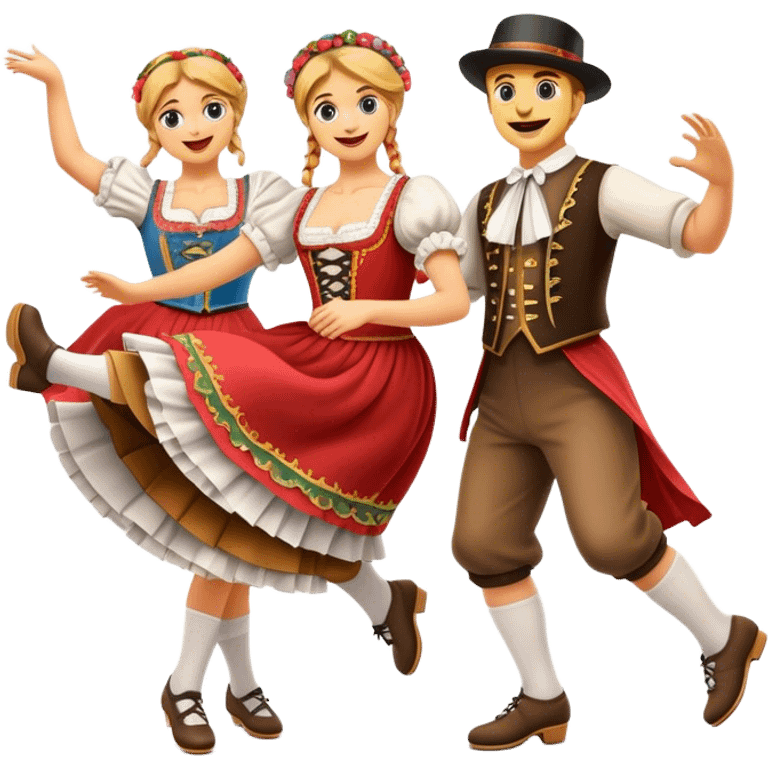 Cinematic Realistic Schuhplattler Dance Emoji, depicted as a lively traditional folk dance scene with performers in authentic Bavarian costumes, rendered with dynamic textures and festive natural lighting that captures the spirit of rural celebration. emoji