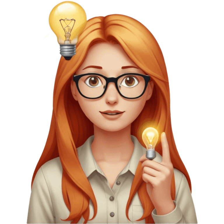 intelligent and clever, 30 year old, girl, long red and almost blond hair, glasses, has an brillant idea, light bulb next the her head in the air, casual cloth  emoji