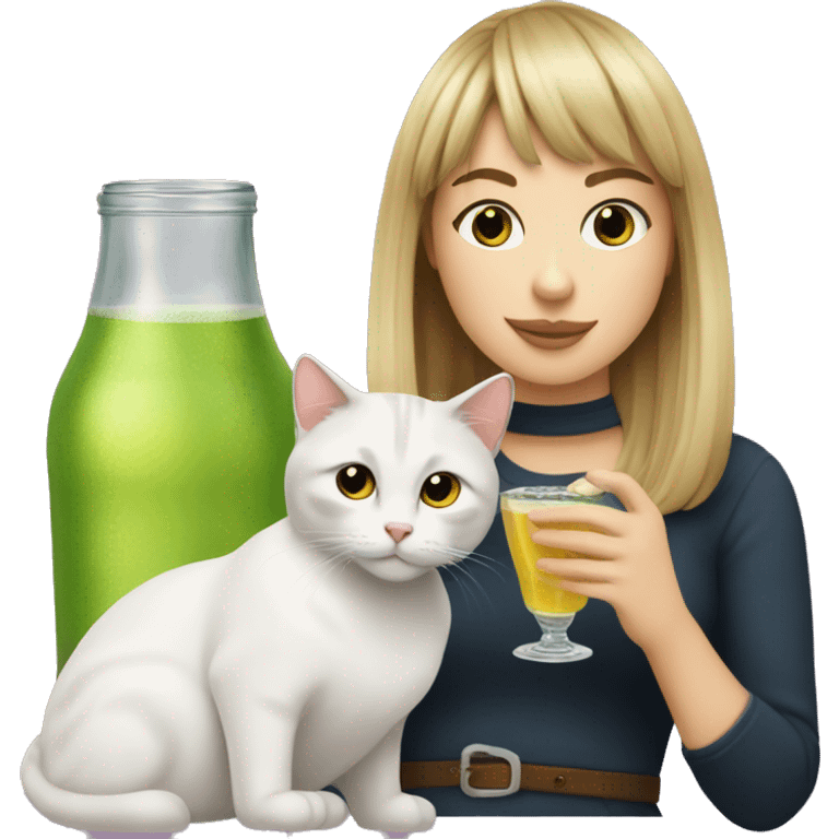 White girl with bangs and a tabby cat drinking cachaca emoji