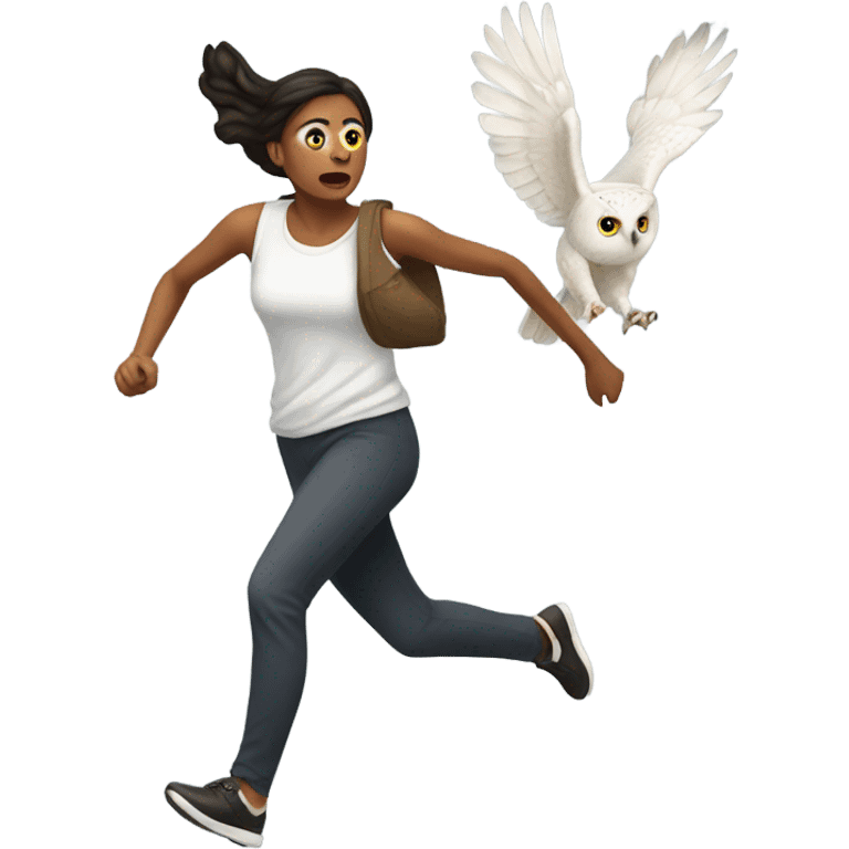 White skinned woman running away from owl emoji