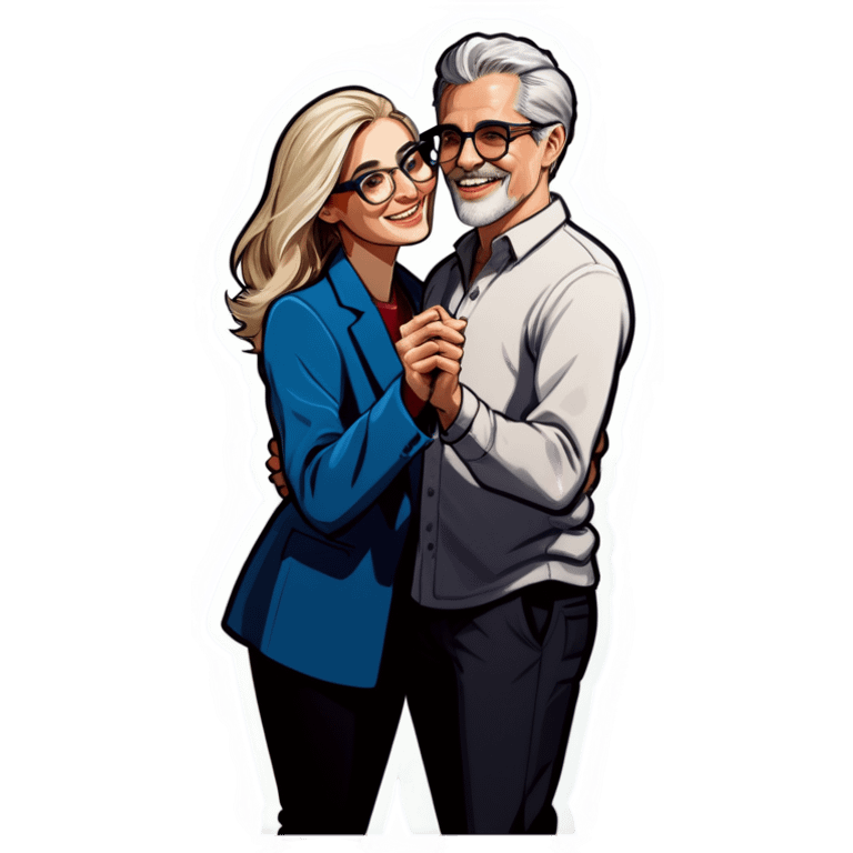 Hyper Realistic Couple in love,  dancing lady blonde wearing glasses man grey hair clean shaven
 emoji