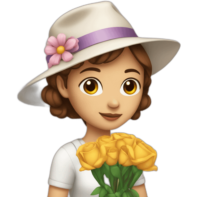 white skin, Girl with a hat, brown hair straight to the shoulders, holding a bouquet of flowers emoji