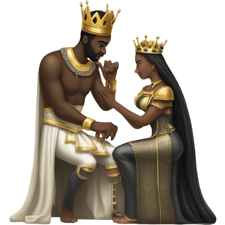 Black king putting ring on his Caucasian queens finger while on one knee emoji