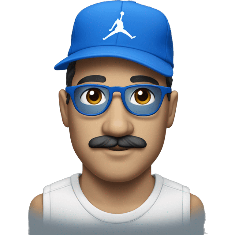 Homme européen avec une moustache portant des lunettes bleues , une casquette jordan bleu , un survêtement bleu emoji