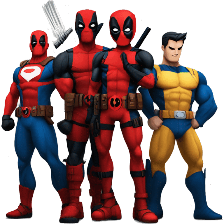 Deadpool,  Wolverine, and Superman. They are standing together.  emoji