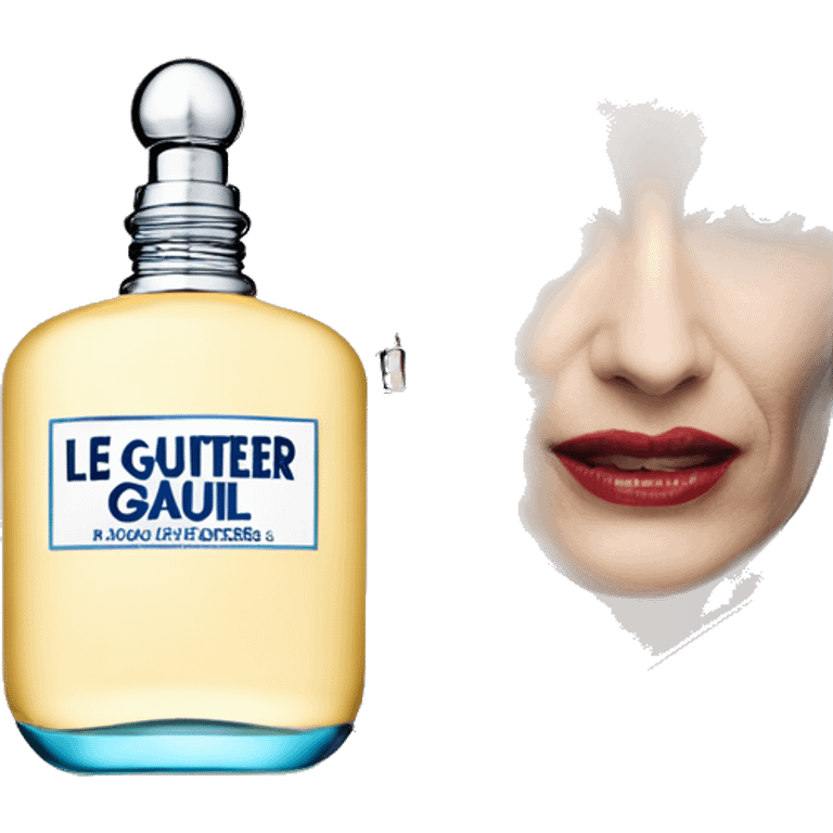 Jean Paul Gaultier Le Male eau de toilette fragrance bottle being held by a blonde woman in a suit emoji