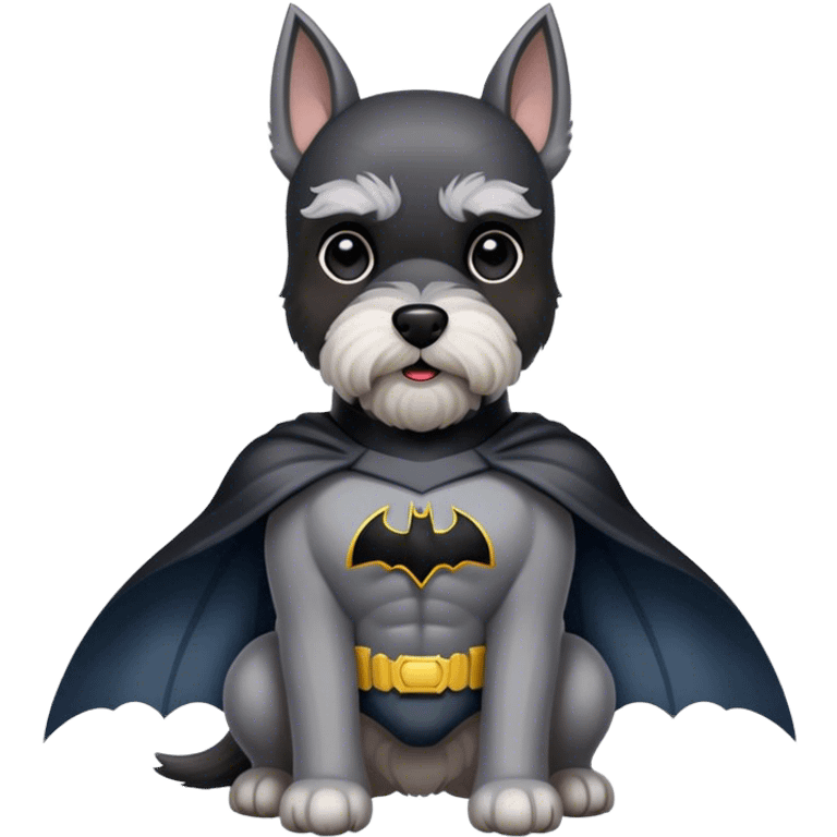 Miniature schnauzer, wearing a Batman suit emoji