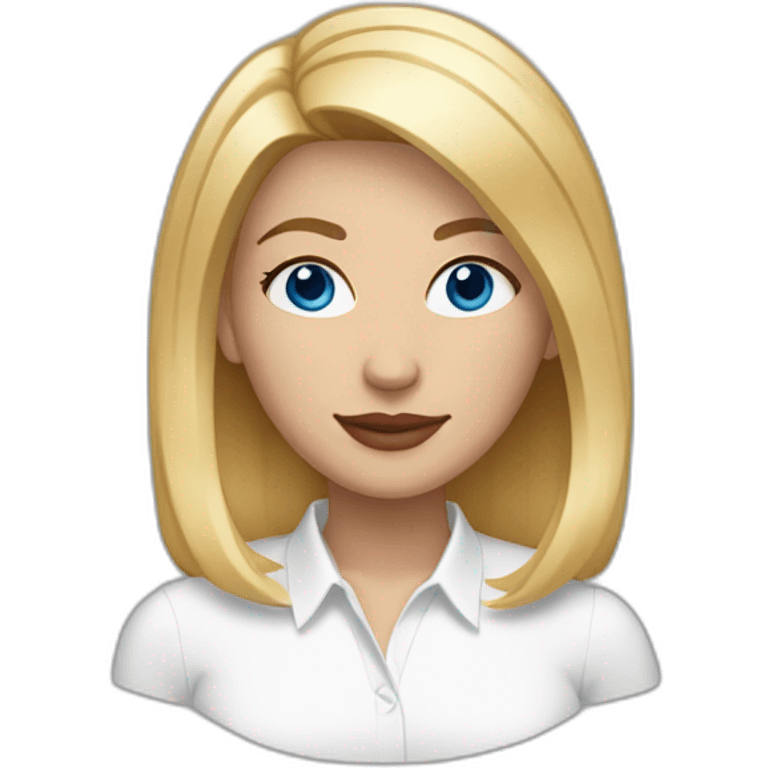 woman with blue eyes and straight bob blonde hair wearing a white button up and golden hoop earrings emoji