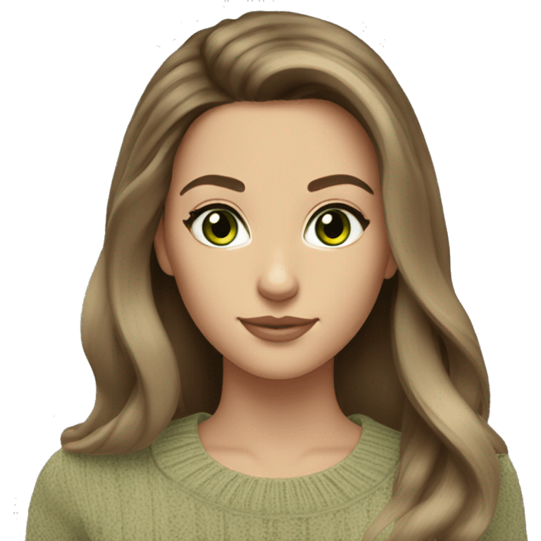 Brunette balayage long hair white women green eyes beige sweater emoji