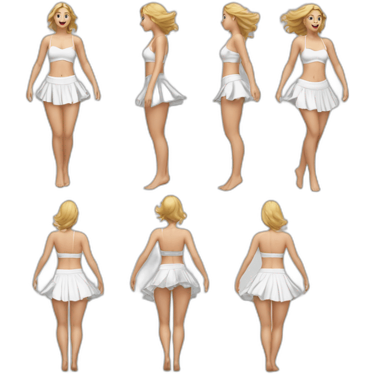 hyperrealistic-full-body-caucasian-curvy-beauty-jumping-small white-skirt-back-and-front-views-strong-wind-knickers white spcks emoji