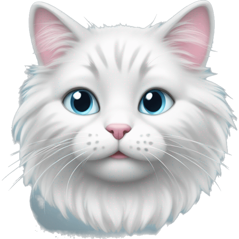 fluffy grey and white cat, small ears, pink nose, light blue eyes, white long whiskers, white spots near the nose, white breast, the cat's fur is soft. emoji