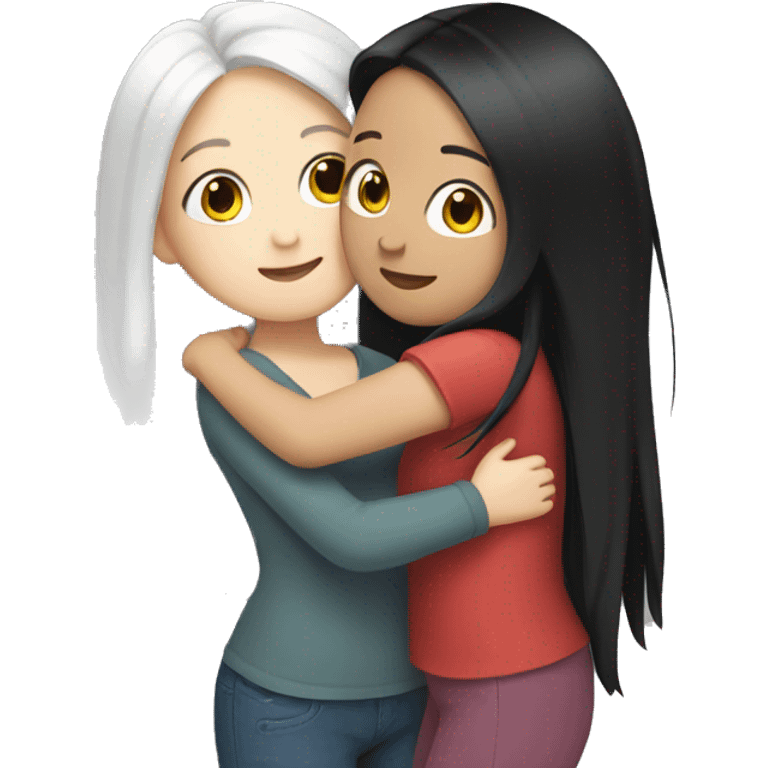 Girls hugging. Both have white skin and long black hair  emoji