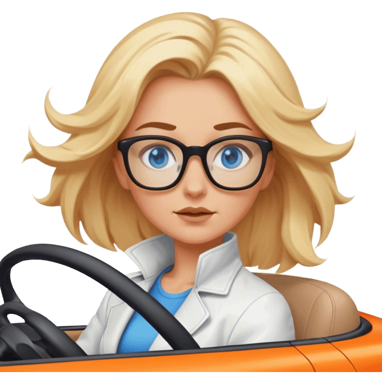 A cinematic realistic blonde with blue eyes and glasses, wearing a white jacket, is driving an orange car, her hair is slightly blowing in the wind emoji