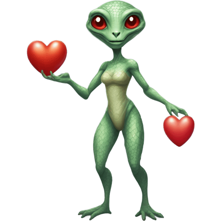 a Reptilian alien woman full body, holding big red heart emoji