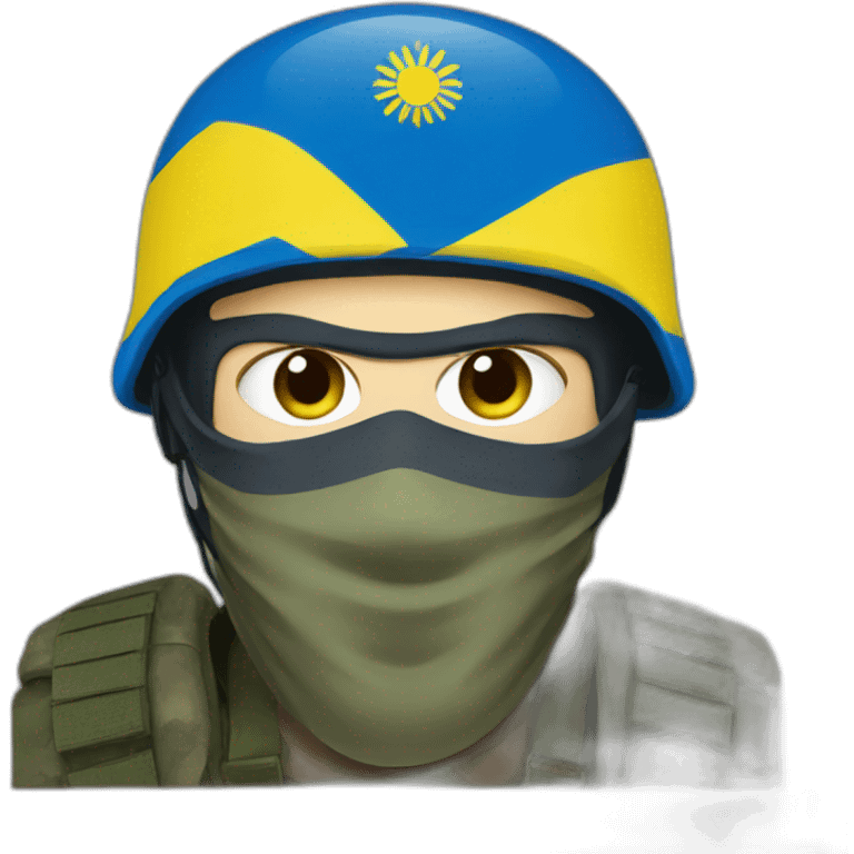 ukrainian soldier face in a mask with a ukrainian flag on the backgroun emoji