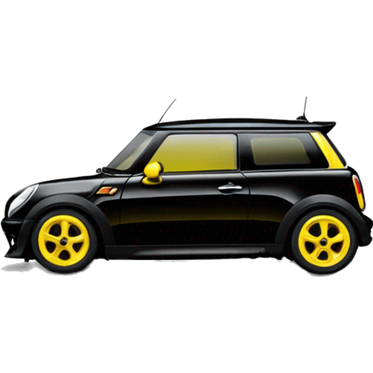 mini cooper black, yellow mirror,  emoji