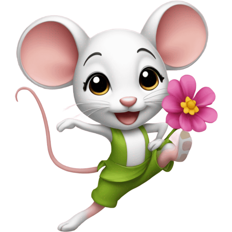 Cute dancing girl mouse with a flower emoji